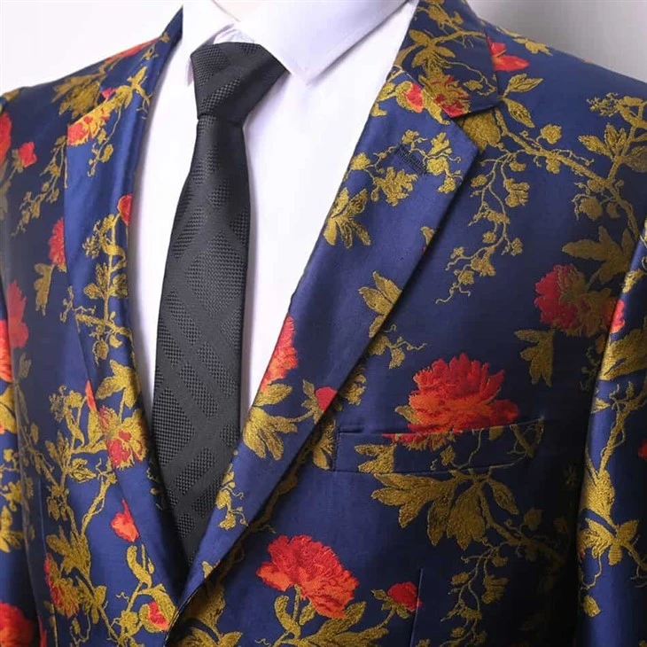 Classic Floral Jacquard Suit Fabric – F091 Navy Blue Woven Blazer suppliers